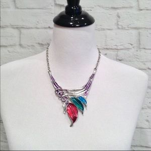 Three leaf silver and multi color statement necklace